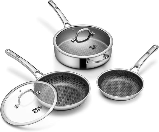 Frying Pans Nonstick Set with Lid,Hybrid Non Stick 5 Quart Saute pan,10 inch Skillet,8 inch Skillet PFOA Free Cookware,Stainless Steel skillet,Deep Braiser,Dishwasher Safe,Works on All Cooktops by SNOWCLAD