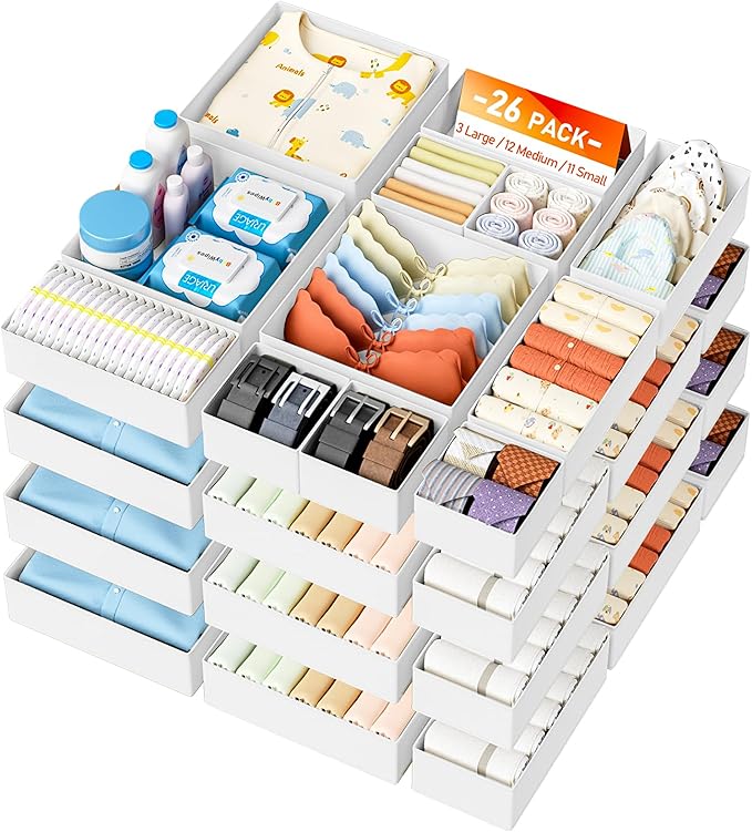 DIMJ Drawer Organizer Clothes 26 Pack - Foldable Baby Organizers and Storage & Closet Organizers for Bedroom, Closet - Nursery Organization Dresser Dividers for underwear, Sock,Bra, Belt, Tie,White by DiMJ