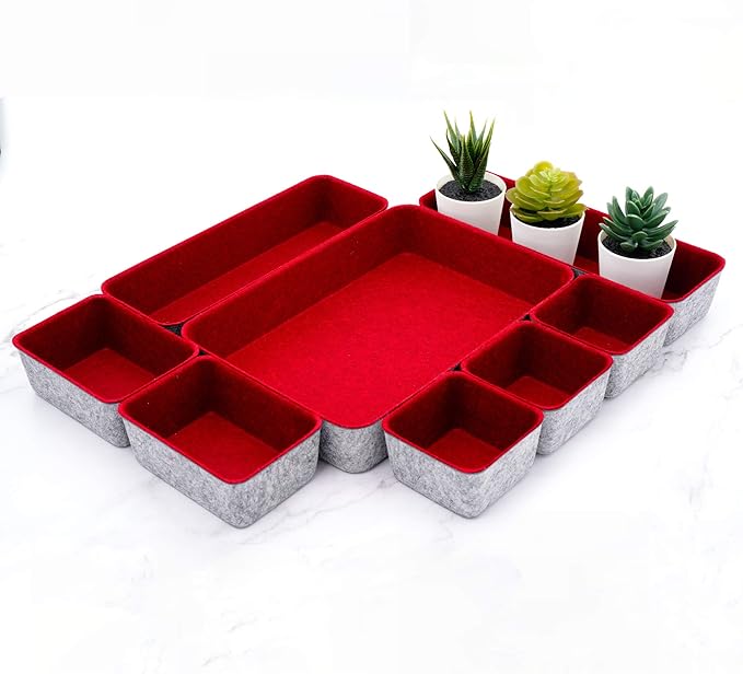 Welaxy Desk Drawer organizers tray Felt storage bins office Sleek Minimalist Lifestyle chic aesthetics room décor for dorm closet decluttering 8-piece (Burgundy) by Welaxy
