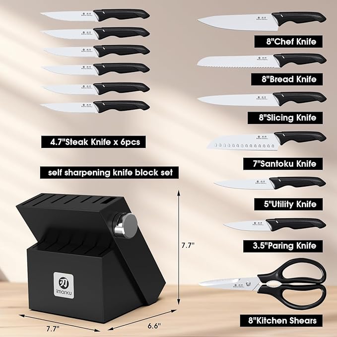 imarku Knife Set with Block, Sharp Knives Set with Built-in Sharpener, Stainless Steel Kitchen Knife Sets with Non-Slip Ergonomic Handle, Dishwasher Safe, 14 PCS Professional Knife Set for Gift, Black - Image 6