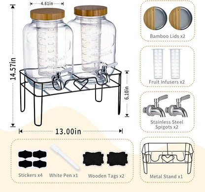 2 Pack1Gallon Glass Drink Dispenser with Stand&Bamboo Lids&Fruit Infuser,304 Stainless Steel Leak-Proof Spigot,Beverage Dispenser for Parties,Water Sangria Juice Sun Tea Lemonade(Natural)