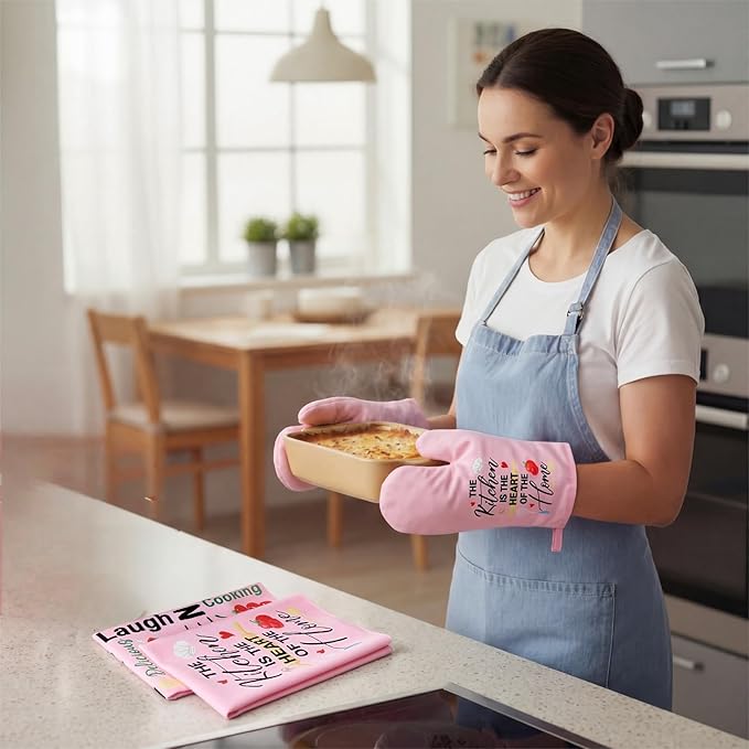 Leinuosen 8 Pcs Kitchen Towels and Oven Mitts Sets Pot Holders Dishcloths Set Kitchen Decorative Accessories Absorbent Potholders Heat Resistant for Chef Baking Cooking(Pink,Food) - Image 4
