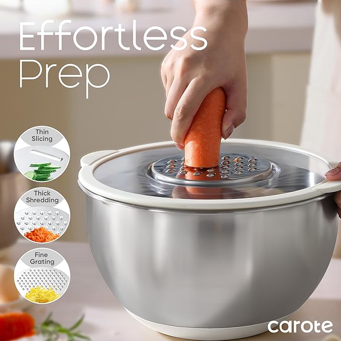 CAROTE Stainless Steel Mixing Bowls with Lids Set,12 Pcs Nesting Bowls Clear Airtight Lids 3 Grater Attachments,Non-Slip Bottoms & Measurement Marks Mixing Bowls,Size 5,3,2,1.5,1QT - Image 4