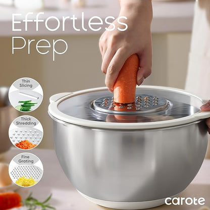 CAROTE Stainless Steel Mixing Bowls with Lids Set,12 Pcs Nesting Bowls Clear Airtight Lids 3 Grater Attachments,Non-Slip Bottoms & Measurement Marks Mixing Bowls,Size 5,3,2,1.5,1QT - Image 4
