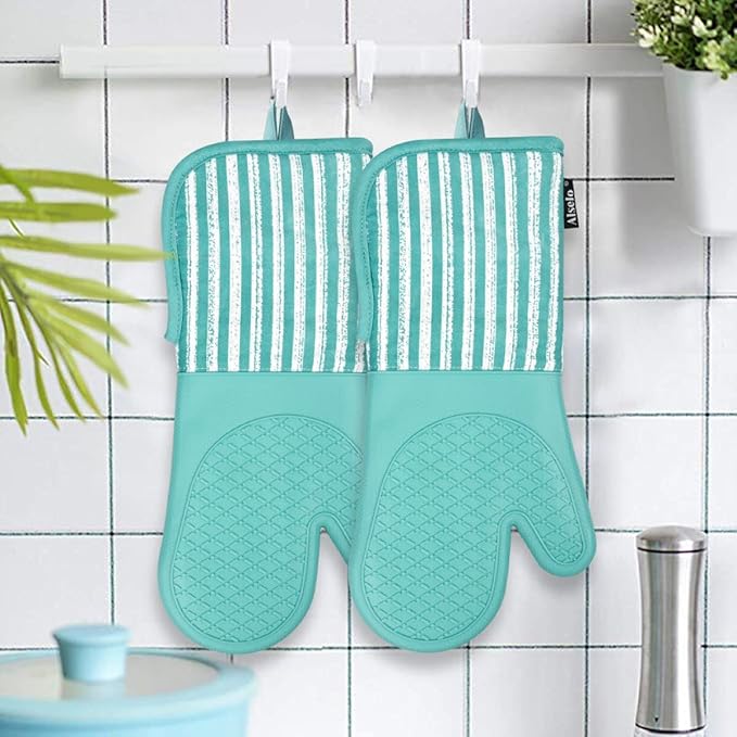 Alselo Silicone Oven Mitts Heat Resistant 932℉ with Waterproof & Non-Slip Kitchen Mittens, Set of 2 Extra Long Oven Gloves with Soft Cotton Terry Lining for Baking Cooking Barbecue - Image 7