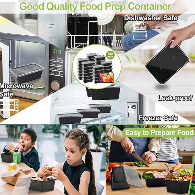 50-Pack Food Prep Containers, 1000ML/ 34 OZ Microwavable Food Storage Containers with Lids, Reusable Plastic lunch Containers Lunch Boxes- Stackable, Reusable Dishwasher Safe - Image 5