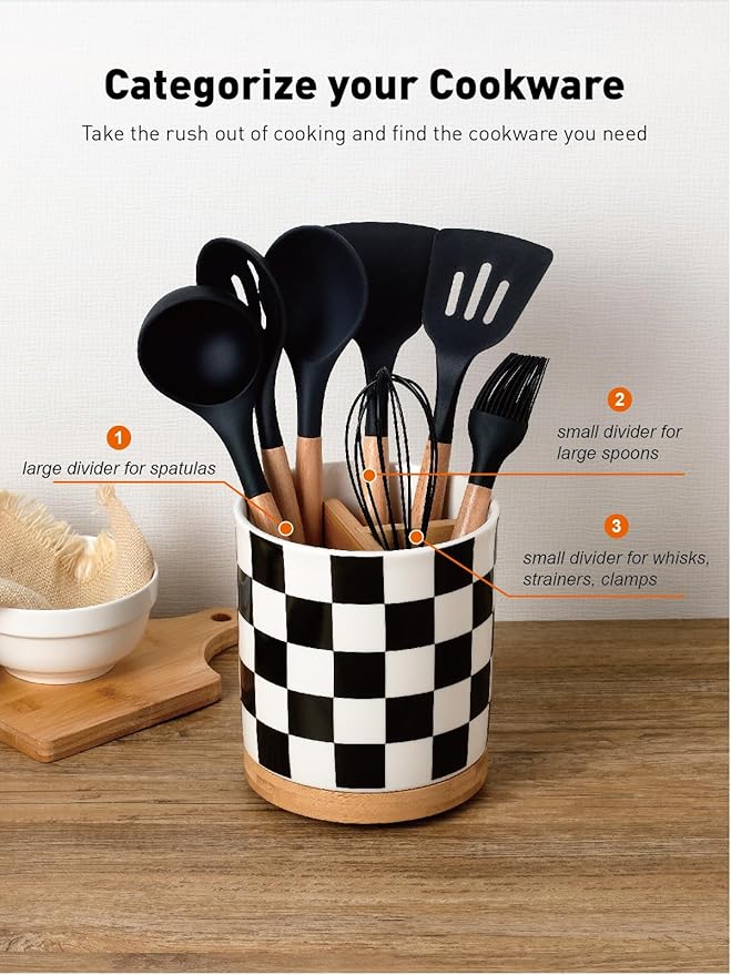 LoeJan 3 Compartment Utensil Holder, Extra Large Utensil Crock, Stable Ceramic Utensil Organizer, Cooking Tool Organizer Set for Kitchen Counter Farmhouse Decor (G-Black(Square)) - Image 2