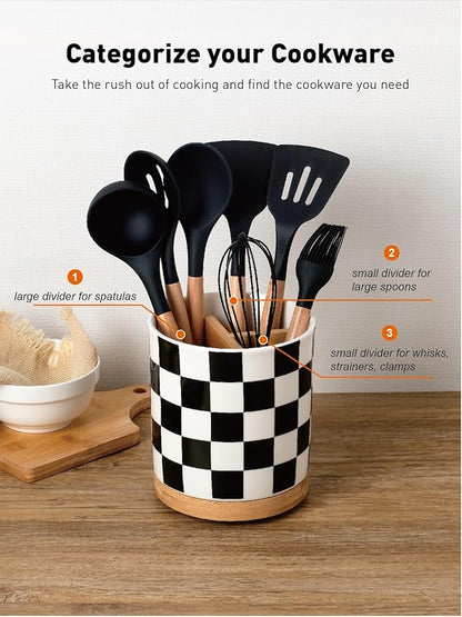 LoeJan 3 Compartment Utensil Holder, Extra Large Utensil Crock, Stable Ceramic Utensil Organizer, Cooking Tool Organizer Set for Kitchen Counter Farmhouse Decor (G-Black(Square)) - Image 2