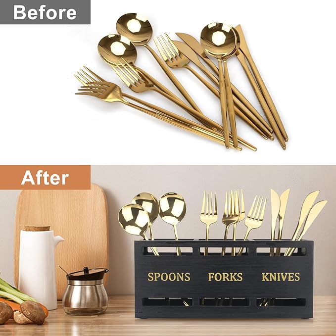 Ayiaren Wooden Cutlery Silverware Holder Flatware Utensil Caddy Black Utensil Holder for Kitchen Counter Wood Silverware Caddy Organizer for Table Countertop Spoon Knife and Fork Holder for Parties - Image 6