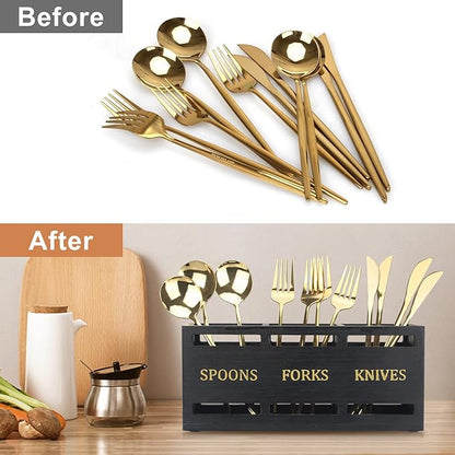 Ayiaren Wooden Cutlery Silverware Holder Flatware Utensil Caddy Black Utensil Holder for Kitchen Counter Wood Silverware Caddy Organizer for Table Countertop Spoon Knife and Fork Holder for Parties - Image 6