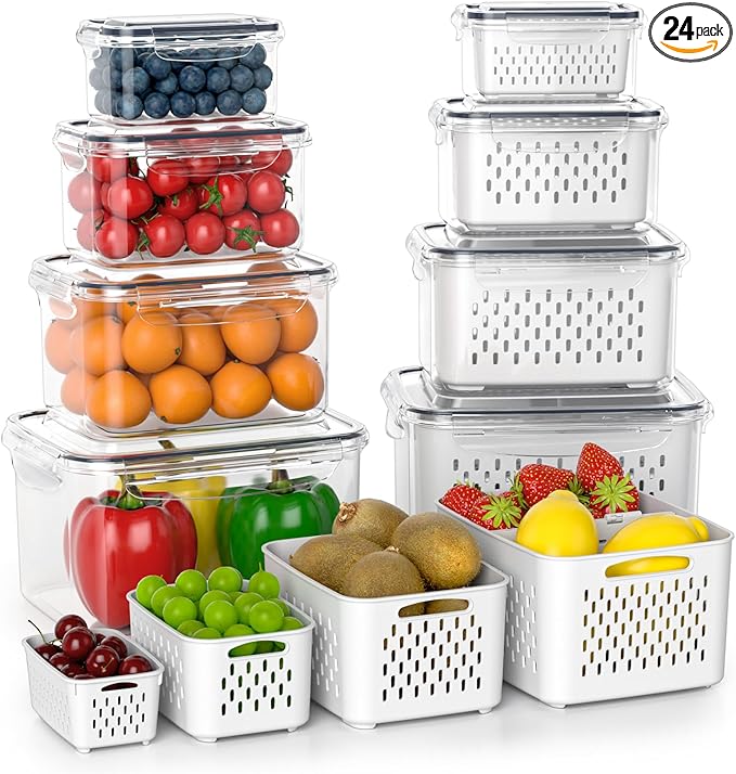 Fruit Storage Containers for Fridge with Removable Colander, 8 Pack Fruit Containers for Fridge with 2 Function Divider Plate, Airtight Storage Container to Keep Berry Fruit Fresh, Dishwasher Safe by AnysigOfficial