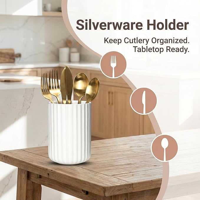 Ceramic Spoon Holder for Coffee Bar, Upright Tea Spoon Holder Cup, Coffee Stirrers Straws Stir Stick Holder, Cement Grey Fluted Surface - Image 5