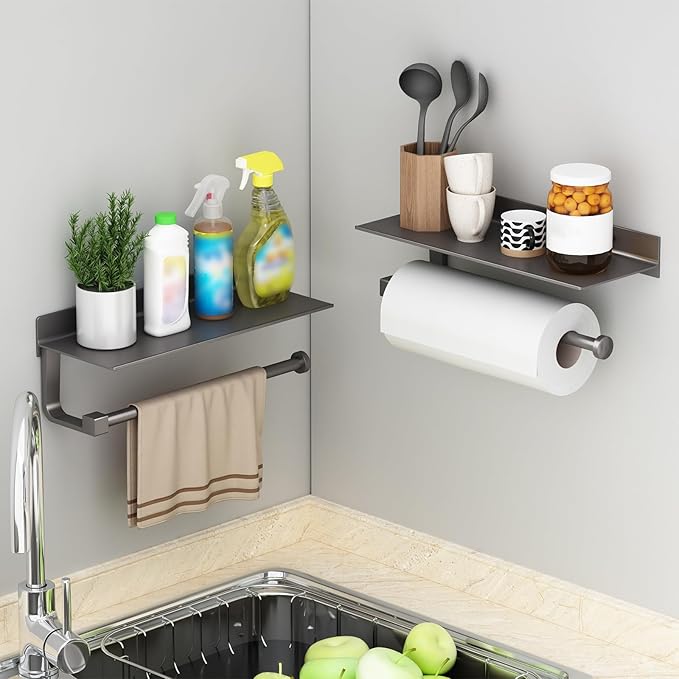 Danpoo Kitchen Paper Towel Holder with Shelf Wall Mount, Adhesive Hand Towel Holder for Bathroom, Matte Grey - Image 4