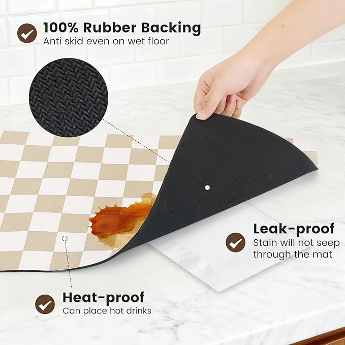 17" x 32" Checkered Dish Drying Mat for Kitchen Counter, Absorbent Coffee Bar Mat for Espresso Machine Coffee Countertops Accessories, Beige - Image 4