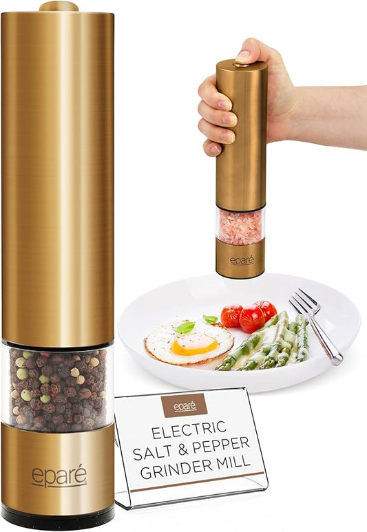 Eparé Brass Salt and Pepper Mill - Battery Operated Gold Pepper Grinder with Ceramic Burr - Automatic Steel Peppermills With LED Light - Gold or Brass Color by Epare