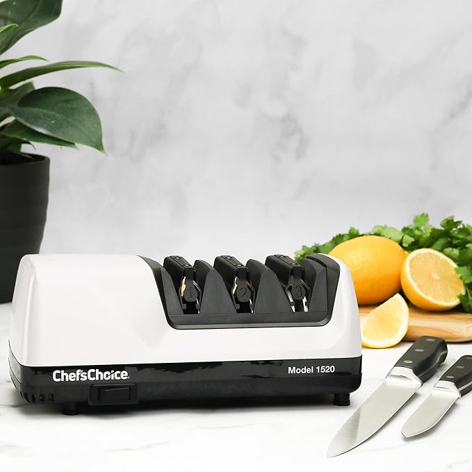 Chef’s Choice Professional Electric Knife Sharpeners for 15- and 20-Degree Straight-Edge and Serrated Knives with Diamond Abrasives & Precision Angle Control, 3-Stage, White - Image 4