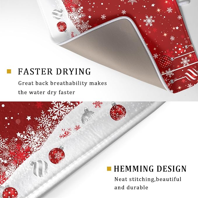 Giwawa Xmas Balls Dish Drying Mat for Kitchen Countertop Winter Red White Snowflakes Dish Drainer Mats 18x24inch Reversible Dish Drying Rack Pad Protector for Dining Holiday New Year Decor
