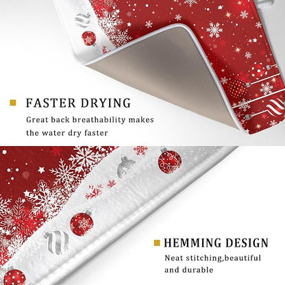 Giwawa Xmas Balls Dish Drying Mat for Kitchen Countertop Winter Red White Snowflakes Dish Drainer Mats 18x24inch Reversible Dish Drying Rack Pad Protector for Dining Holiday New Year Decor