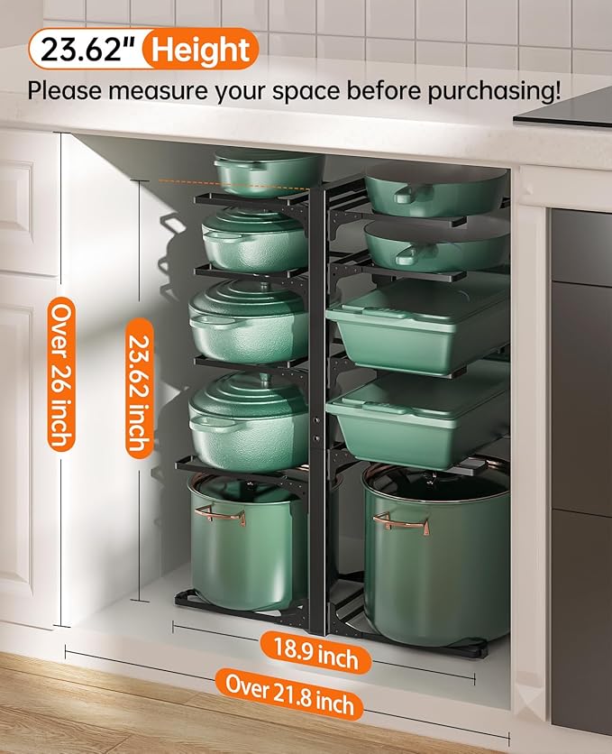 ORDORA 10-Tier Pots and Pans Organizer under Cabinet, Kitchen Cabinet Organizers and Storage, Heavy Duty Pots and Pan Storage Rack Organizer inside Cabinet, Adjustable - Image 2