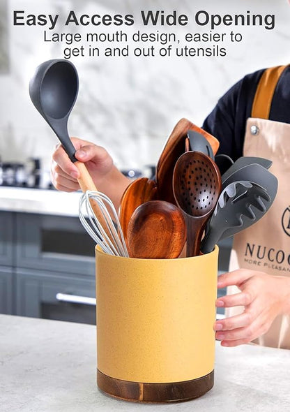 Nucookery 360°Rotating Utensil Holder, 7.2" Large Utensil Crock, White Ceramic Cooking Utensil Organizer,Farmhouse Kitchen Decor Christmas Thanksgiving Gift (Yellow Sand) - Image 3