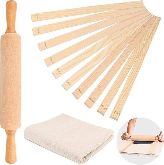 12 Pcs Pottery Tools Set, Include17in Slab Roller for Clay Pottery and 10 Pcs 5 Size Wooden Rolling Pin Guides, 1 Linen Tablecloth for Ceramic Clay Making by Ahier