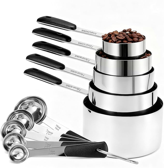 Bopei Measuring Cups and Spoons Set Stainless Steel 10 Piece for Cooking and Baking (5 Cups + 5 Spoons, Black Handle) by Bopei