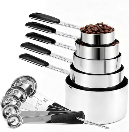 Bopei Measuring Cups and Spoons Set Stainless Steel 10 Piece for Cooking and Baking (5 Cups + 5 Spoons, Black Handle) by Bopei