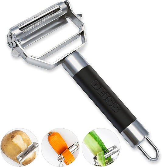 Deiss PRO Dual Julienne Peeler & Vegetable Peeler - Non-slip Handle - Apple Peeler & Potato Peeler, Orange Peeler, Zoodles Maker - Y Peeler, Veggie Peeler for Making Delicious Veggie Noodles