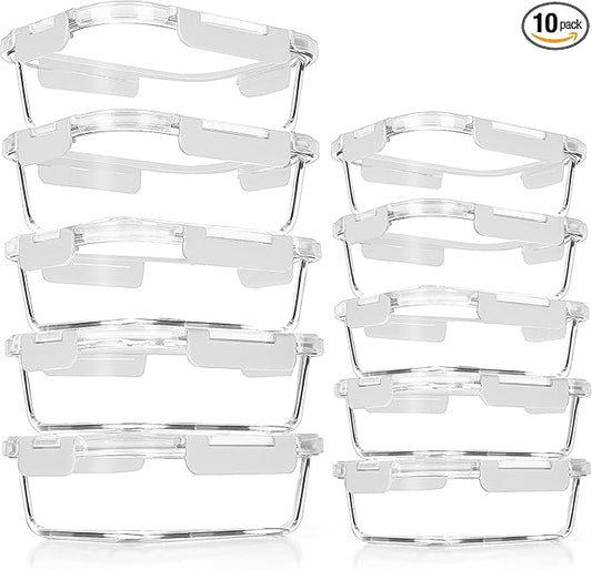 VERONES 10Pack Glass Meal Prep Containers, Airtight Glass Lunch Containers,Stackable Food Storage Containers Set with Lids,Exclusive of BPA, for Microwave,Oven, Freezer&Dishwasher Friendly,White by VERONES