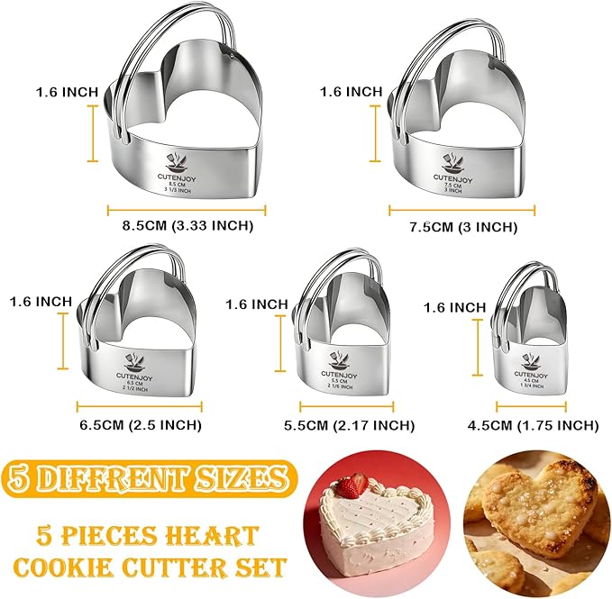 Heart Cookie Cutters, 5 Piece Biscuit Cutters with Handle, Stainless Steel Heart Shaped Cookie Cutter for Sandwiches, Cookie, Biscuit - Image 2