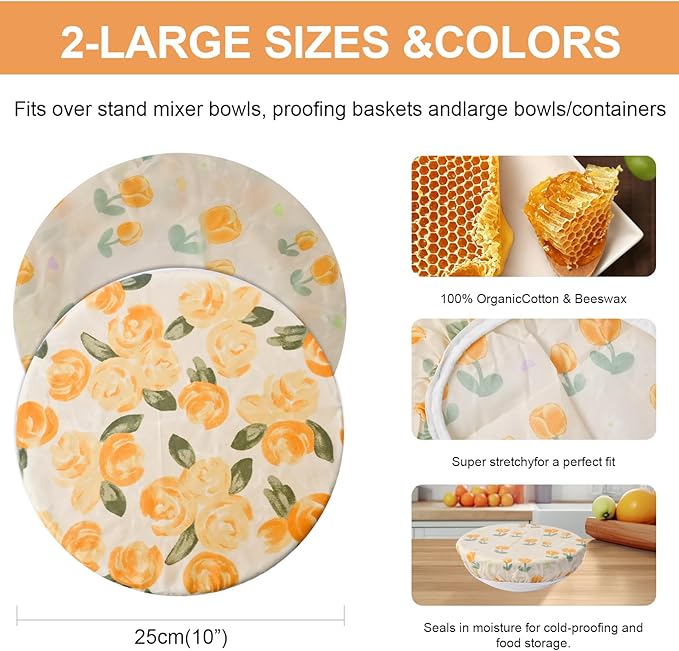 2Pcs Reusable Bowl Covers for Bread Proofing - Cotton Beeswax Bowl Covers Reusable with Elastic Rim, Eco-Friendly Sourdough Bowl Cover for Food Storage (10INCH) (Tulip)