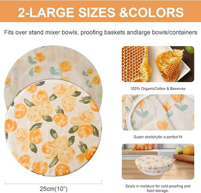 2Pcs Reusable Bowl Covers for Bread Proofing - Cotton Beeswax Bowl Covers Reusable with Elastic Rim, Eco-Friendly Sourdough Bowl Cover for Food Storage (10INCH) (Tulip)