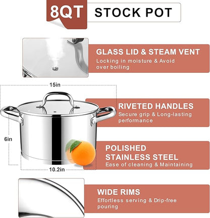 E-far Stainless Steel Stock Pot, 8 Quart Tri-ply Base Cooking Pot with Glass Lid, Induction Soup Pot Compatible with All Stoves, Nontoxic & Thick Bottom, Oven & Dishwasher Safe - Image 4