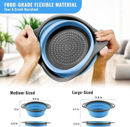 2 Pack Collapsible Silicone Colander with Handle, Over Sink Foldable Food Strainer, BPA-Free Space Saving Drain Basket for Vegetables, Fruits, Pasta, Kitchen & Camping (Blue) - Image 6