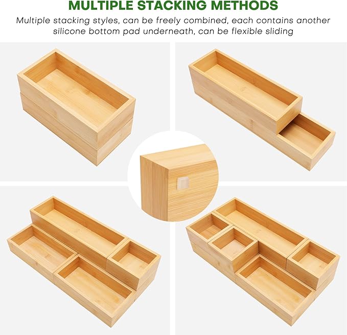 Bamboo Drawer Organizer Set, 9 PCS Multi-Use Individual Wood Storage Organizers, Junk Drawer Divider and Storage Trays Containers for Kitchen, Bathroom, Office Desk, Makeup, Jewelry, Utensils - Image 3