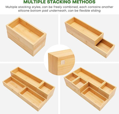 Bamboo Drawer Organizer Set, 9 PCS Multi-Use Individual Wood Storage Organizers, Junk Drawer Divider and Storage Trays Containers for Kitchen, Bathroom, Office Desk, Makeup, Jewelry, Utensils - Image 3