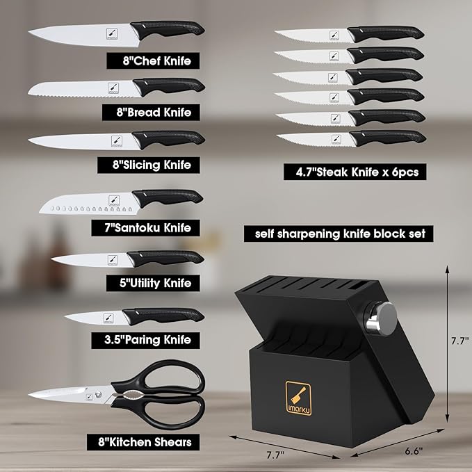 imarku 14-Piece Premium Knife Block Set, Black Kitchen Knife Set with Block and Build-in Sharpener, High-Carbon Stainless Steel Knives for Lasting Sharpness, Dishwasher Safe, Gift for Men - Image 5
