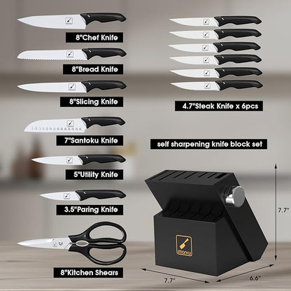 imarku 14-Piece Premium Knife Block Set, Black Kitchen Knife Set with Block and Build-in Sharpener, High-Carbon Stainless Steel Knives for Lasting Sharpness, Dishwasher Safe, Gift for Men - Image 5