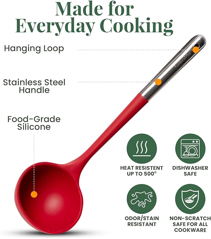 Larder & Vine 12-Piece Silicone Kitchen Cooking Utensils Set with Stainless Steel Handle and Ceramic Holder, Dishwasher Safe Set of Kitchen Essentials (Cabernet) - Image 4