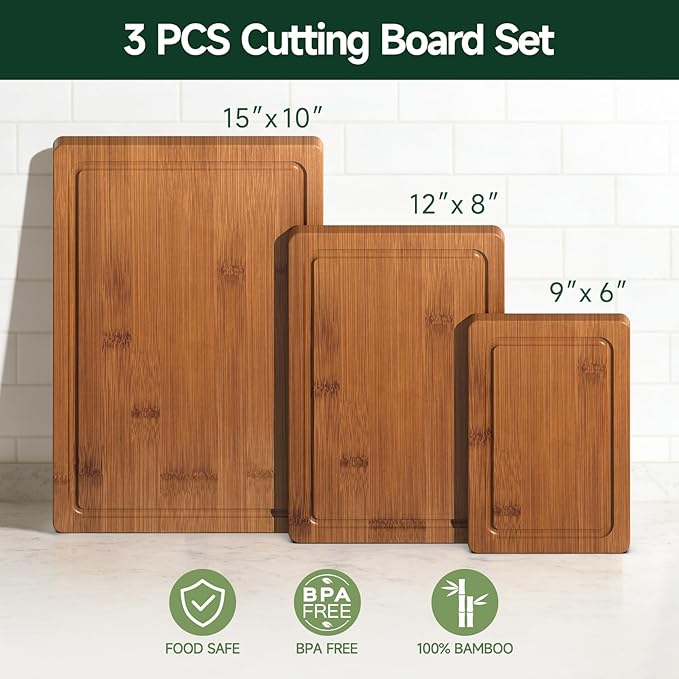 3-Piece Set Bamboo Cutting Board for Kitchen - Crack-Resistant Wood Chopping Boards with Deep Juice Grooves, Pre-Oiled Butcher Block for Meat, Vegetables & Cheese, Carbonized - Image 2