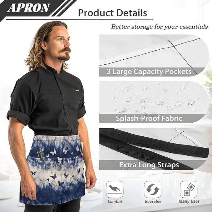 Server Apron with 3 Pockets, Waterproof Oil Waitress Waiter Half Apron for Restaurant Hotel Kitchen Cafe