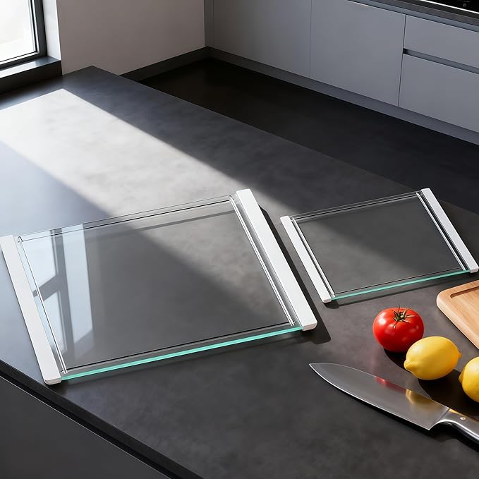 Tempered Glass Cutting Board Set for Kitchen Counter - Dishwasher Safe with Juice Grooves, Non-Slip Silicone Edges & Beveled Grip - 16"x12" & 12"x8" Serving Tray (White-2PCS)