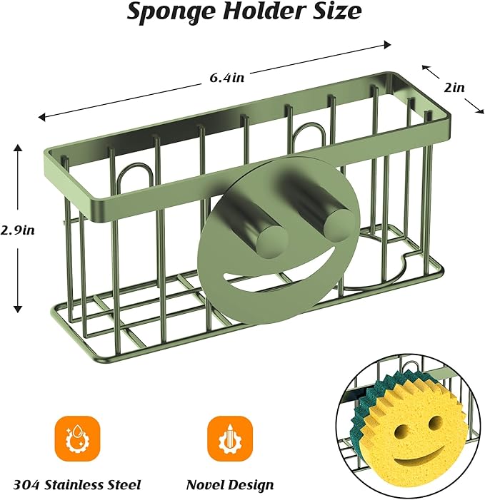 MURLONG Sponge Holder Smiley Face,Sink Caddy,Sink Organizer with 2 Suction Cups/1 Adhesive Strips,Designed for Sponge,Soap,Dish Brush,Scrubber - Green - Image 2