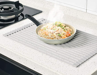 Surpahs 20.5 x 13.1 Inch Roll-Up Dish Drying Rack, Fits Across Sink Openings up to 19.5 Inches, Heavy-Duty Premium Silicone, Strong Support, Non-Slip, Heat-Resistant, Warm Gray - Image 8