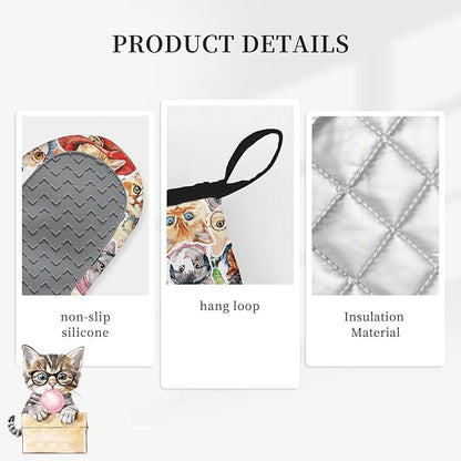 Cute Cat Oven Mitts and Pot Holders Sets 3PCS, Cat Silicone Heat Resistant Oven Mitts Birthday for Cats Lover, Funny Cats Heat Resistant Non-Slip Oven Gloves for Mom Wife Sister BFF
