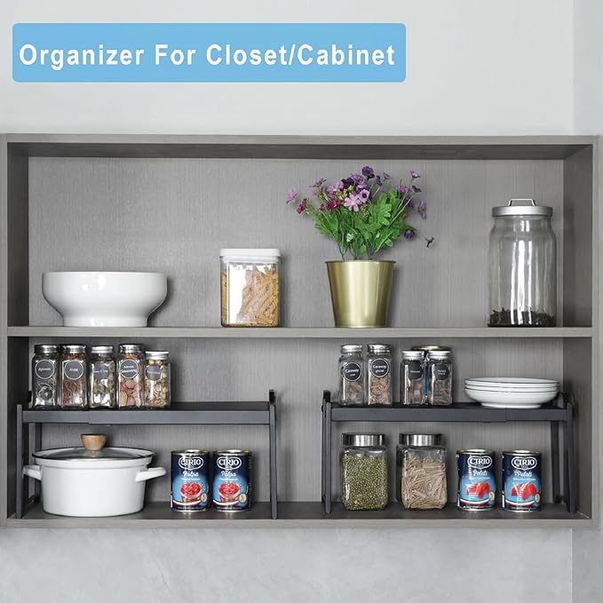 2 Pack Expandable Cabinet Countertop Shelves, Stackable Shelves Organizers For Kitchen Cabinet Countertop Storage, Adjustable Counter Cupboard Pantry Organizer Shelf Rack Stand, Length:20.5" - Image 7