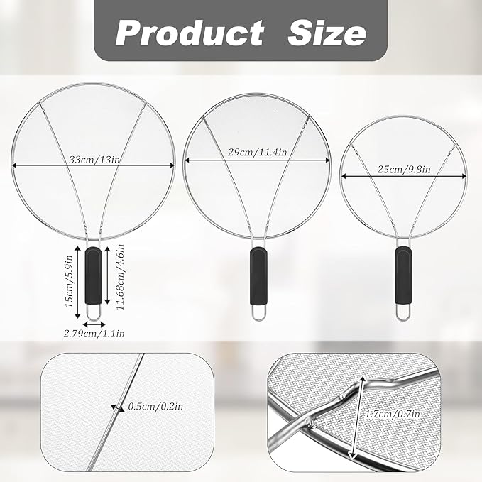 Splatter Screen for Cooking - Stainless Steel Grease Splatter Guard for Frying Pan, Ultra Fine Mesh Lids Set of 3(9.8", 11.4", 13") - Image 2