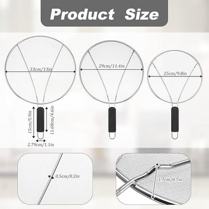 Splatter Screen for Cooking - Stainless Steel Grease Splatter Guard for Frying Pan, Ultra Fine Mesh Lids Set of 3(9.8", 11.4", 13") - Image 2