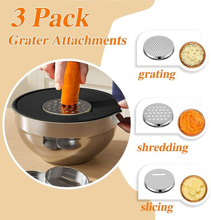 Mixing Bowls with Lids Set, 6 PCS Stainless Steel Mixing Bowls with 3 Grater Attachments, Kitchen Food Storage Organizers Nesting Mixing Bowl, Large Size 4.5, 3.5, 2.1, 1.5, 1.1, 0.7QT-Black - Image 3