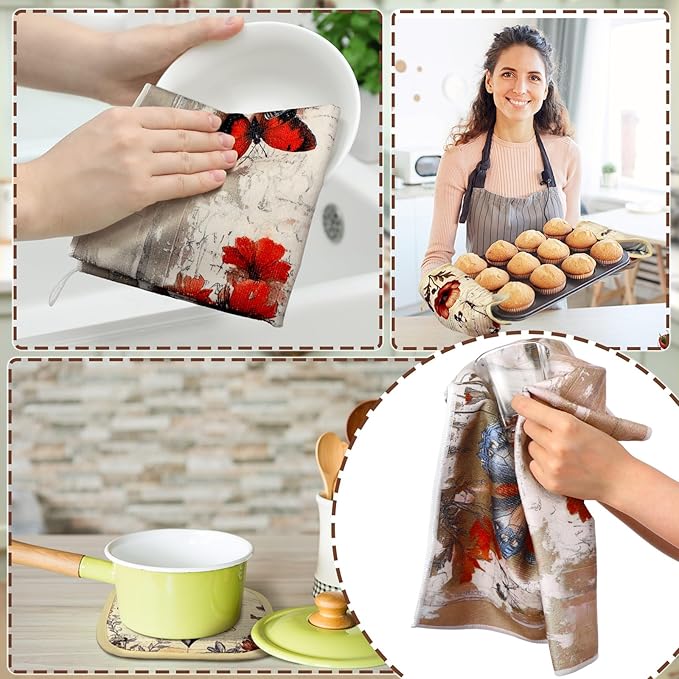 Fourluoo 10 Pcs Butterfly Kitchen Dish Towels Rugs Oven Mitts and Pot Holders Set Farmhouse Kitchen Decor Set for Women Mom Daughter Gift Cooking Baking Grilling(Classic Colors)